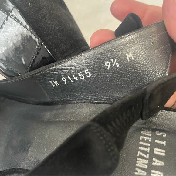 Stuart Weitzman black suede peep toe pumps high heels bow size 9.5 - Picture 8 of 9